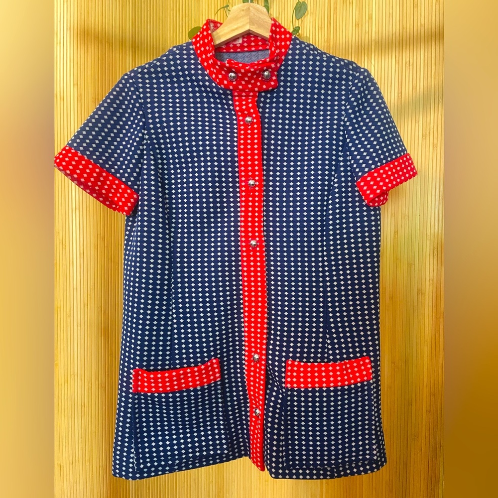Mod Mini Dress Tunic ~ Navy & Red with Silver Buttons and mid mock turtleneck
